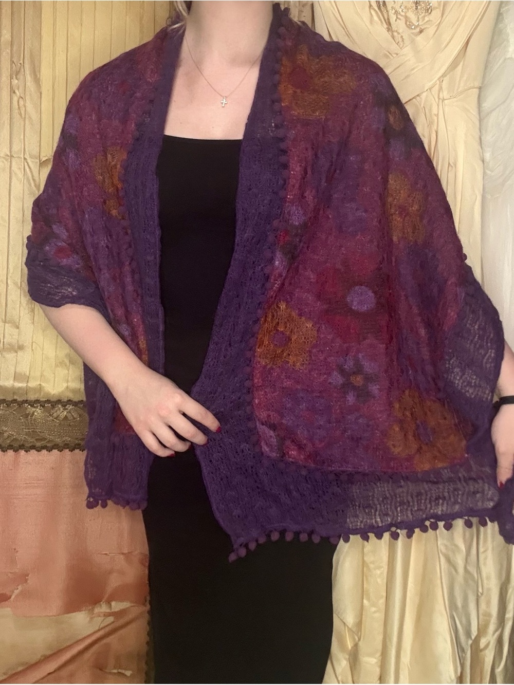Vintage 90’s Pierre Cardin Purple Floral Shawl Wrap with Pom Trim